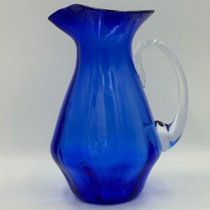 Vintage Handblown Cobalt Blue & Clear Small Pitcher